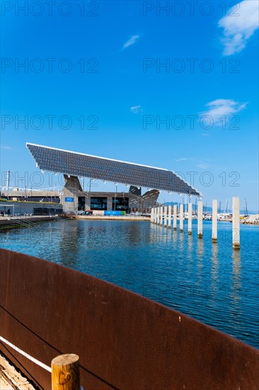 The photovoltaic pergola in the Forum district, a sail the size of a football pitch made of solar panels in the harbour on the beach in Barcelona, Spain, Europe