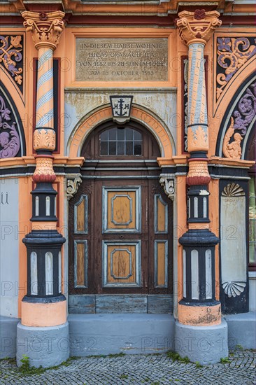 Where Lucas Cranach the Elder once lived, in the Cranach House, a Renaissance building on the market square in Weimar, Thuringia, Germany, Europe