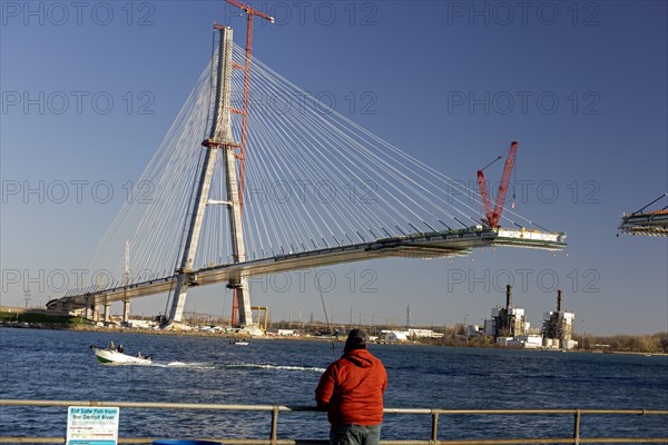 Detroit, Michigan USA -15 April 2024, Construction of the Gordie Howe International Bridge. The bridge will link Detroit with Windsor, Ontario across the Detroit River