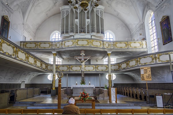 Organ loft, Dreifaltigkeitskirche, Kaufbeuern, Allgaeu, Swabia, Bavaria, Germany, Europe