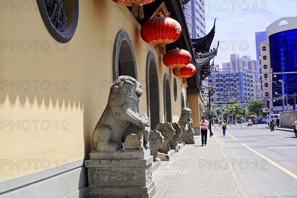 Jade Buddha Temple, Shanghai, street view of a temple facade with traditional Chinese elements, Shanghai, China, Asia