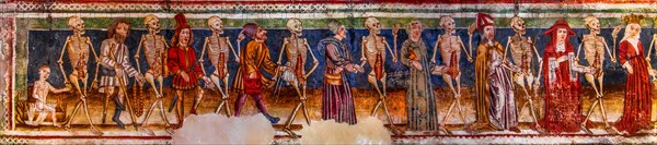 Dance of Death on the south wall, the equality of all people in front of death, Gothic frescoes from 1490, a highlight of medieval wall painting, by Johannes von Kastav, Romanesque Church of the Holy Trinity, 15th century, Hrastovlje, Slovenia, Hrastovlje, Slovenia, Europe