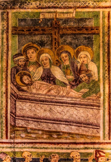 Entombment of Christ, Gothic frescoes from 1490, a highlight of medieval wall painting, by Johannes von Kastav, Romanesque Church of the Holy Trinity, 15th century, Hrastovlje, Slovenia, Hrastovlje, Slovenia, Europe