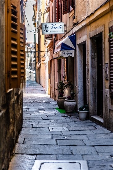 Alstadtgasse, harbour town Piran on the Adriatic coast with Venetian flair, Slovenia, Piran, Slovenia, Europe