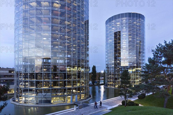 Autostadt with the car towers, 25 October 2015, Wolfsburg, Lower Saxony, Germany, Europe