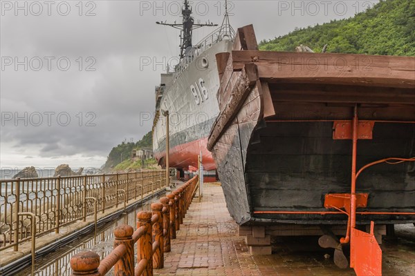Aft and rudder of wooden boat and exterior of South Korean battleship on display in Unification Park in Gangneung, South Korea, Asia