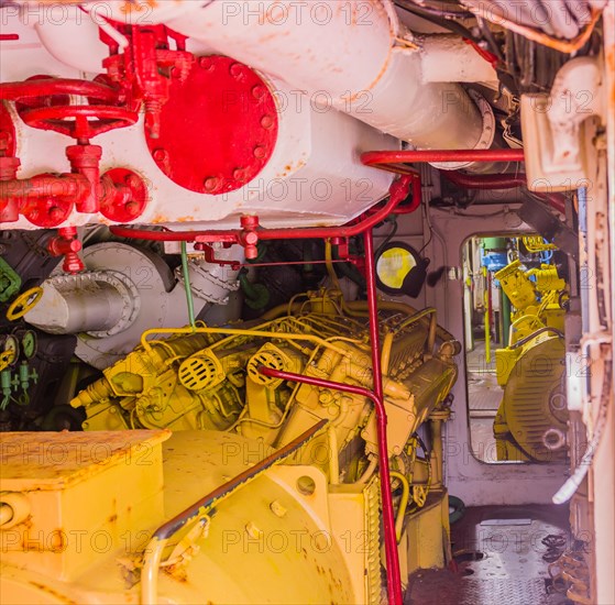 Closeup of engine of North Korean submarine on display at Unification Park in Gangneung, South Korea, Asia