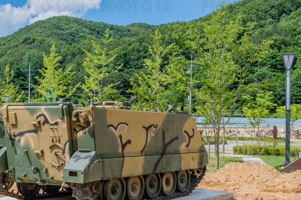 Military landing craft used in Korean war on display in public park war memorial in Nonsan, South Korea, Asia