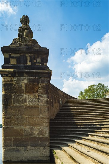 Sphinx on the grand staircase of Pillnitz Palace on the Elbe in Pillnitz, Dresden, Saxony, Germany, Europe