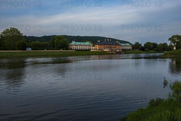 Pillnitz Palace in the evening sun, seen from the opposite side of the Elbe in Kleinzschachwitz, Dresden, Saxony, Germany, Europe