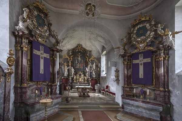 Three Lenten cloths in front of the main and side altars, St John the Baptist, Ochsenfurt Hohestadt, Lower Franconia, Bavaria, Germany, Europe