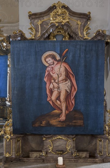 Historic Lenten cloth, made in 1726, right side altar, parish church of St Nicholas, Gundelsheim, Baden-Wuerttemberg, Germany, Europe