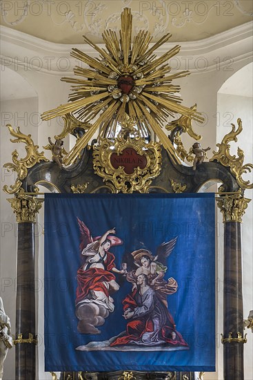 Historic Lenten cloth, made in 1726, in front of the main altar, St Nicholas parish church, Gundelsheim, Baden-Wuerttemberg, Germany, Europe