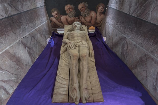 Reclining figure of Christ in the Holy Sepulchre, behind a motif of three men in purgatory, St Bartholomew's Church, Kleineibstadt, Lower Franconia, Bavaria, Germany, Europe