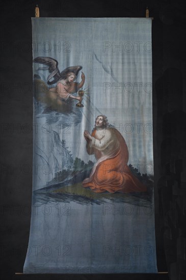 Historic Lenten cloth on a black background, created around 1890, St Laurentius Church, Schoenau an der Brend Lower Franconia, Bavaria, Germany, Europe