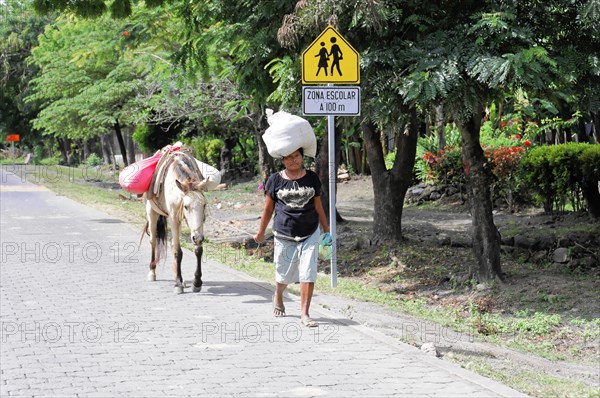 Ometepe Island, Nicaragua, A person carries loads next to a donkey on a sunny road near a road sign for a school, Central America, Central America