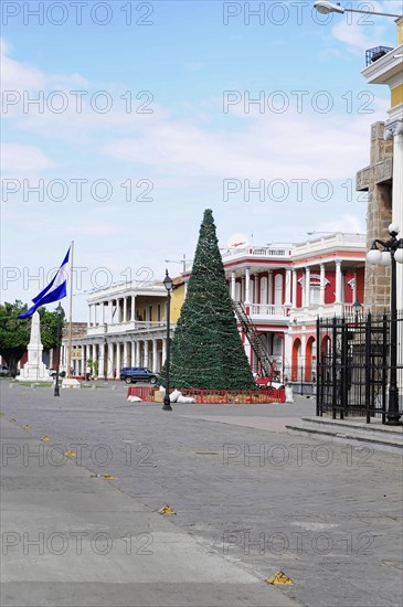 Granada, Nicaragua, Christmas tree in a public plaza with classical buildings and blue sky, Central America, Central America -, Central America