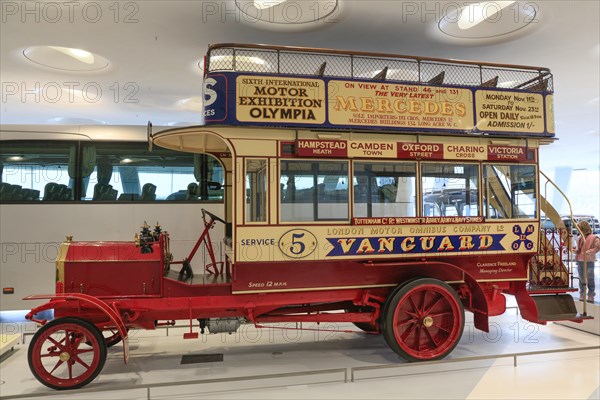 Milnes-Daimler double-decker bus, in service in London since 1904, Mercedes-Benz Museum, Stuttgart, Baden-Wuerttemberg, Germany, Europe