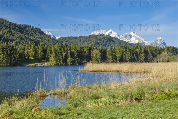 Geroldsee or Wagenbruechsee with Estergebirge, Kruen near Mittenwald, Werdenfelser Land, Upper Bavaria, Bavaria, Germany, Europe