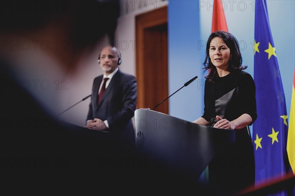 (R-L) Annalena Baerbock (Alliance 90/The Greens), Federal Foreign Minister, and Ayman Safadi, Foreign Minister of Jordan, speak to the media after a joint meeting in Berlin, 16 April 2024 / Photographed on behalf of the Federal Foreign Office