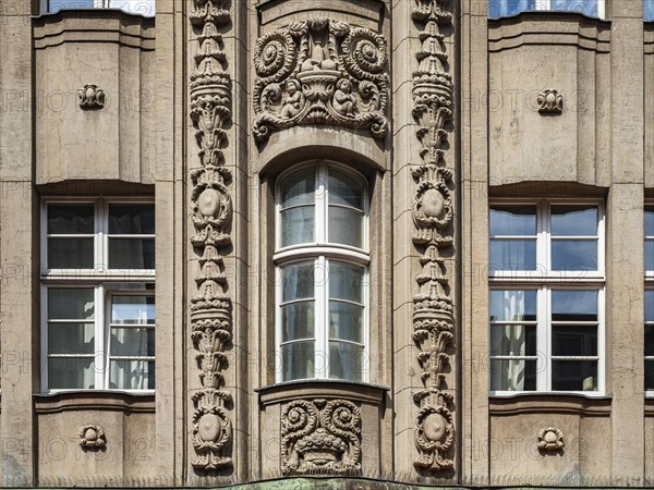 Facade detail, heritage-protected building in Kroepeliner Strasse in the historic city centre of Rostock, Mecklenburg-Vorpommern, Germany, Europe