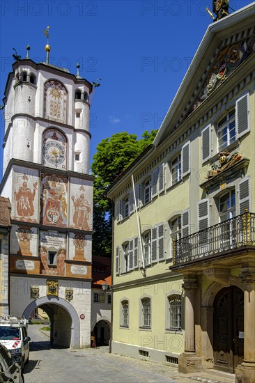 The 14th-century Frauentor, also known as the Ravensburg Gate, is one of the three surviving medieval town gates in the old town centre of Wangen im Allgaeu, Upper Swabia, Baden-Wuerttemberg, Germany, Europe