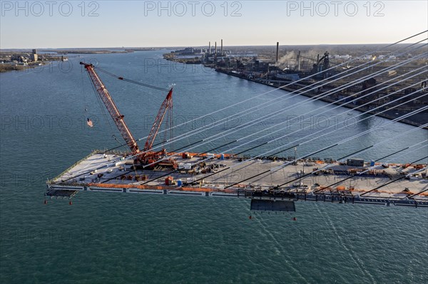 Detroit, Michigan USA -15 April 2024, Construction of the Gordie Howe International Bridge. The bridge will link Detroit with Windsor, Ontario across the Detroit River