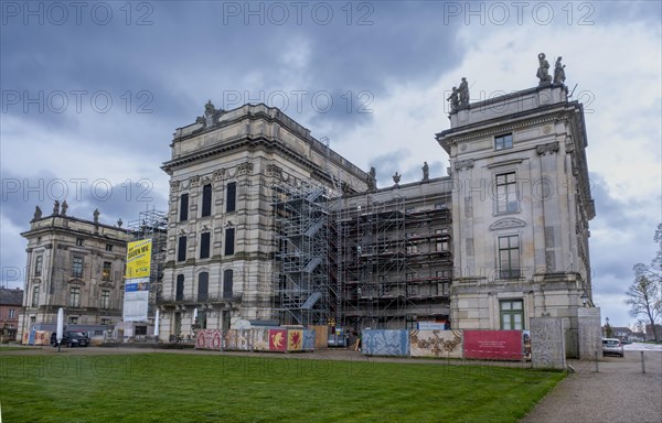 Ludwigslust Palace of the Dukes of Mecklenburg-Schwerin in Ludwigslust Palace Park, scaffolding in front of the baroque palace due to renovation work, Ludwigslust, Mecklenburg-Vorpommern, Germany, Europe