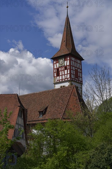 St. Urban's Church, St. Urban, half-timbered tower, church tower, church clock, clock, clock face, hands, church service, religion, Protestant, Schwaebisch Hall, Kochertal, Kocher, Hohenlohe, Heilbronn-Franken, Baden-Wuerttemberg, Germany, Europe