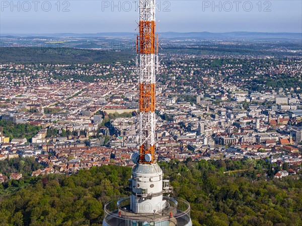 TV tower, world's first reinforced concrete tower, landmark and sight of the city of Stuttgart and official cultural monument, panoramic photo, drone photo, view of the city centre with collegiate church, Old Palace, New Palace, main railway station, Stuttgart, Baden-Wuerttemberg, Germany, Europe