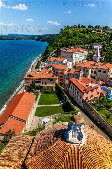 View from the bell tower over Piran with city walls and castle, harbour town of Piran on the Adriatic coast with Venetian flair, Slovenia, Piran, Slovenia, Europe