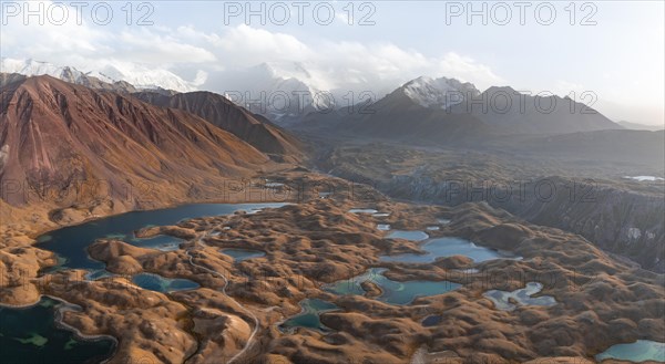 Atmospheric aerial view, high mountain landscape with glacier moraines and mountain lakes, behind Pik Lenin, Trans Alay Mountains, Pamir Mountains, Osher Province, Kyrgyzstan, Asia
