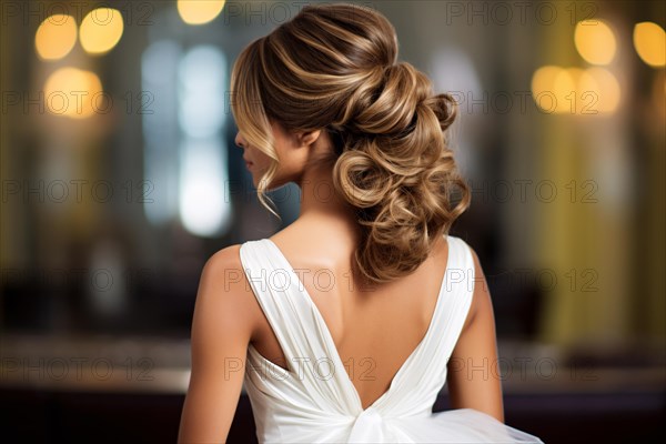Back view of woman in wedding dress with elegant hairstyle. KI generiert, generiert, AI generated