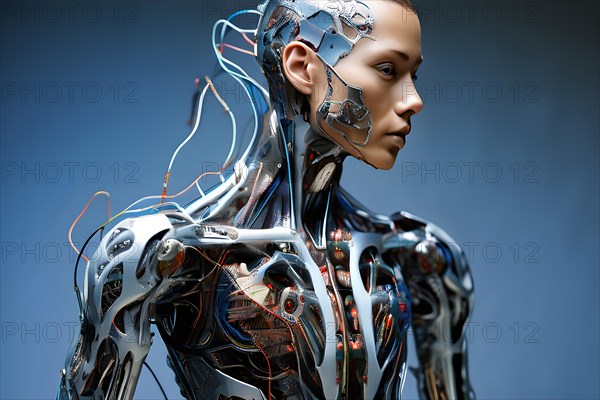 AI generated cybernetic organism merging detailed anatomy sketches with digital circuitry and robotic parts