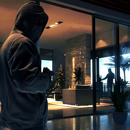 A masked burglar watches a person in a luxurious villa in the evening, burglary, burglar, home invasion, AI generated