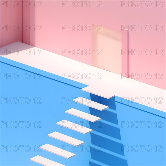 AI generated minimalist architectural shot of blue and pink walls intersecting around a modern stairway
