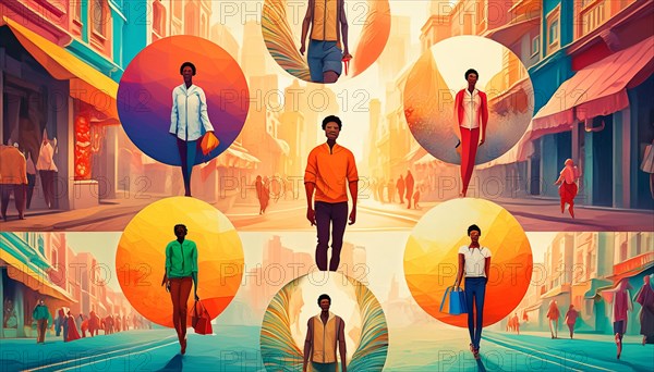 Surreal digital artwork of figures walking on an urban street within colorful abstract circles, AI generated