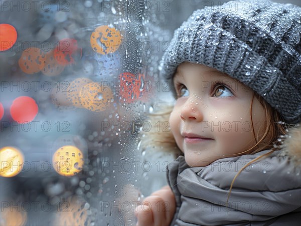 Bad weather, child looks sadly outside through a rainy window pane, AI generated