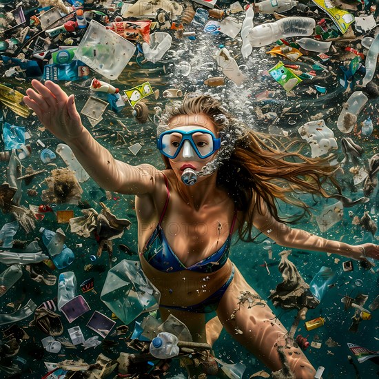 Woman swimming in polluted water, surrounded by plastic waste, looking serious, AI generated