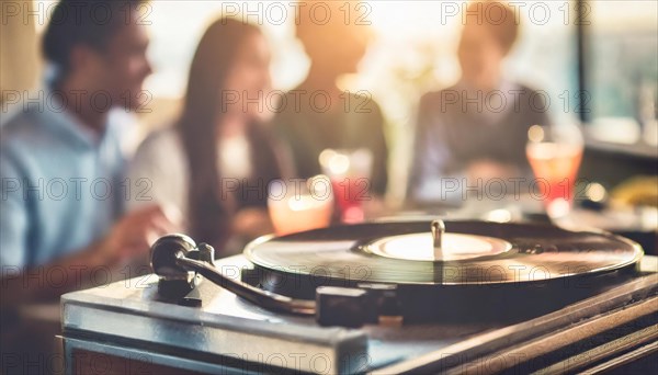 An intimate social event with a group of people around a turntable playing a vinyl record, AI generated