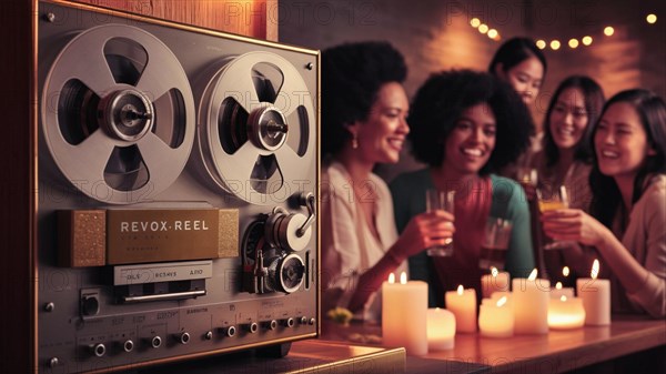 Group of friends chat drink in the background with close-up of an old reel to reel tape recorder ai generated, AI generated