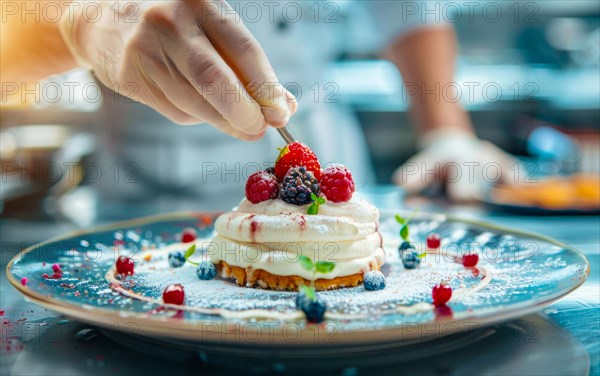 Chef is decorating a dessert with berries and other delicious additions of sweets and whipped cream, AI generated