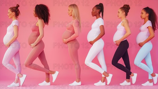 A group of pregnant women are standing in a line, with each woman wearing a different colored outfit. Concept of unity and support among the women, as they share their pregnancy experiences together, AI generated