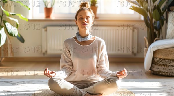 A woman is sitting on a yoga mat in a room with plants practicing yoga poses and mindful meditation, AI generated