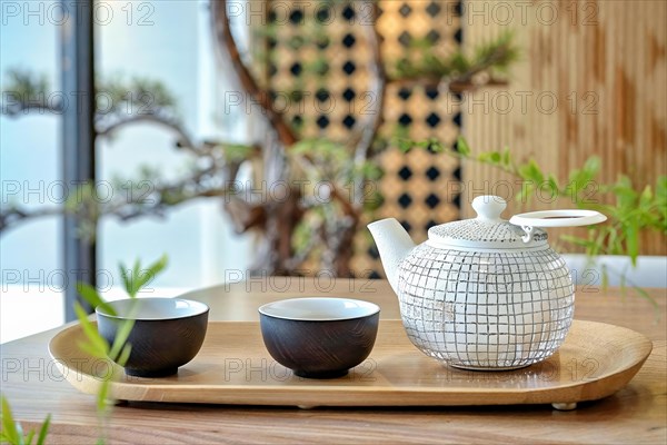 A modern reinterpretation of the classic Japanese tea ceremony in a minimalist setting that captures traditional hospitality and grace in a contemporary way, teapot, tea service, Japan, AI generated, AI generated, Asia