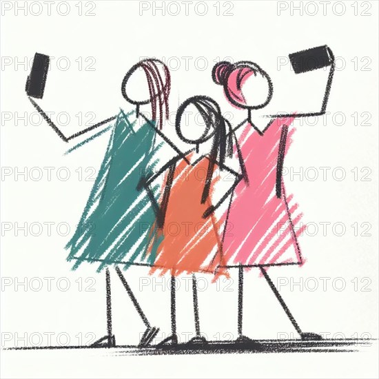 Playful abstract sketch of three people taking selfies together, AI generated