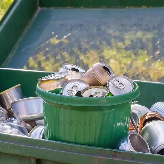 Symbol photo, rubbish, waste, empty beverage cans in a rubbish container, AI generated, AI generated
