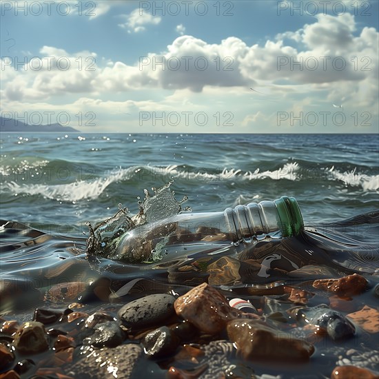 Plastic bottle floating in the sea near the rocky shore, waves in the background, pollution, environmental protection, AI generated
