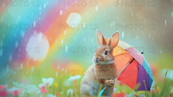 A tranquil rabbit experiencing the refreshing rain under an umbrella in a dreamlike meadow, AI generated