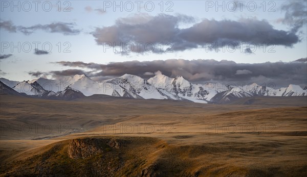 Glaciated and snow-capped mountains, autumnal mountain landscape with yellow grass at sunrise, Tian Shan, Sky Mountains, Sary Jaz Valley, Kyrgyzstan, Asia